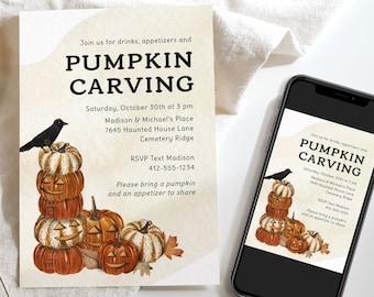 Pumpkin Carving Party Invitation, Halloween Pumpkin Carving Party Invite, Family Halloween Party, Kids, Editable, Printable, Text, Instant