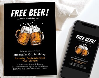 Beer Birthday Party Invitation, Birthday Party Invite for a Man, 30th 40th 50th Adult Birthday Invite, Editable, Digital Download, Printable