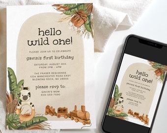 Wild One First Birthday Invitation, Safari 1st Birthday Invitation, Safari Wild One Party Invite, Boy Safari Animals Invite, Jungle Birthday