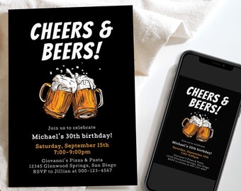 Cheers & Beers Birthday Party Invitation, Birthday Party Invite for a Man, 30th 40th 50th Birthday Invite, Editable, Digital, Printable