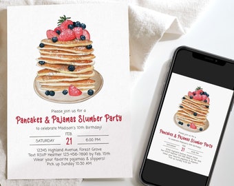 Pancakes and Pajamas Invitation, Sleepover Birthday Invitation, Slumber Party Invitation for a Girl, Pancakes Party Invite, Printable, F132