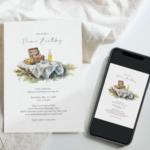 Picnic Birthday Invitation, Picnic Basket Invitation, Summer Picnic Party Invitation, Printable, Digital Download