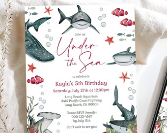 Under the Sea Birthday Invitation Template Girl, Pink Sea Ocean Animals Creatures Whale Shark Party, Nautical Kids Birthday Instant Download