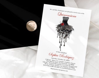 May include: A black and white Quinceañera invitation with a black dress illustration and red rose. The text reads "Mr. and Mrs. Rodriguez are pleased to invite you to the Quinceañera of their daughter Sophia Rodriguez Saturday, October 31, 20XX 11:00 AM Mass at St. Joseph's Catholic Church 584157  Termino Avenue, San Fernando, CA 90000 5:00 PM Dinner & Reception at The La Loma  584157 Termino Avenue, San Fernando, CA 90000 RSVP Maria 000-123-4567 or sophiarodriguez.com Registered at registry.com"