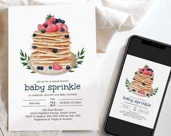 May include: A baby sprinkle invitation with a watercolor illustration of a stack of pancakes with blueberries and strawberries. The invitation is for a casual brunch on February 21st from 10:30am to 12:30pm. The event is at Old Town Brunch, 12345 Highland Avenue, Forest Grove. RSVP to Heather at 805-555-1234 by February 15th. The registry is at Target and Amazon.