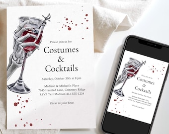 Skeleton Halloween Party Invitation, Halloween Party Invite Adult, Costumes & Cocktails, Adult Halloween, Editable, Printable, Text, Instant