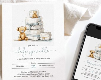 Baby Sprinkle Invitation Boy, Diaper Shower Invitation Boy, Teddy Bear Diaper Shower Invite, Printable Diaper Shower Invitation