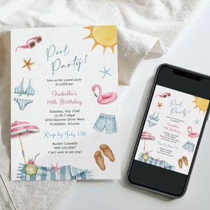 Pool Party Invitation, Birthday Pool Party Invite, Summer Birthday Invitation, Printable Pool Party Invitation, Digital Download