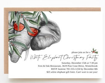 May include: White Elephant Christmas Party invitation with a cartoon elephant wearing sunglasses and a holly sprig. The invitation includes the date, time, location, RSVP information, and a gift limit of $25.