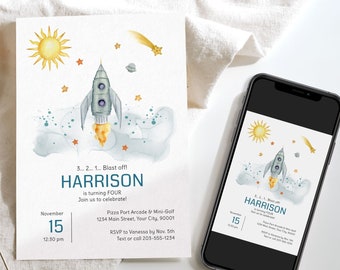 Outer Space Birthday Invitation for a Boy, Astronaut Blast Off Birthday Invite, Rocket Ship Birthday Invite, Digital Download, F133