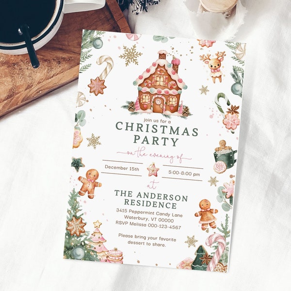 Cute Christmas Party Invitation, Pink Christmas Gingerbread Invitation, Christmas Dessert Party Invitation, Instant Digital Download