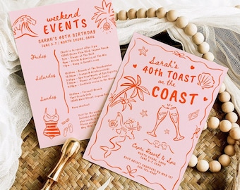 40th Beach Birthday Invitation Itinerary Pink Orange Toast On The Coast Destination Weekend Summer Girls Trip Digital Invite