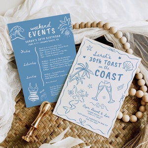 Hand Drawn 30th Birthday Invitation Itinerary Toast On The Coast Beach Destination Weekend Printable Summer Girls Trip Weekend Events F170