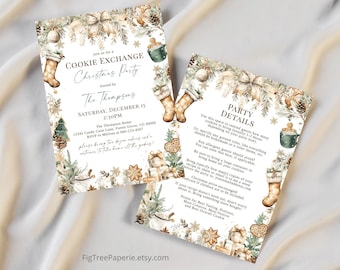 May include: A Christmas cookie exchange party invitation with a festive green and brown color scheme. The invitation features a watercolor illustration of gingerbread cookies, stockings, and presents. The text reads "Cookie Exchange Christmas Party" and includes the date, time, and location of the event.