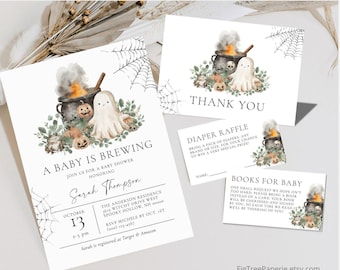 Halloween Baby Shower Invitation Bundle, A Baby is Brewing Baby Shower Invite Set, October Baby Shower Digital Invitation, F169