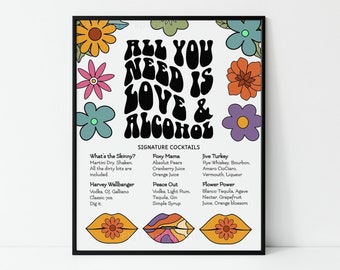 Retro 70s Party Drinks Menu Template, Hippie Party Decor, 70s Wedding Drinks Menu, 8x10, F136, F137