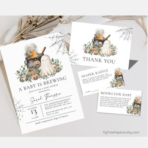 Halloween Baby Shower Invitation Bundle, A Baby is Brewing Baby Shower Invite Set, October Baby Shower Digital Invitation, F169