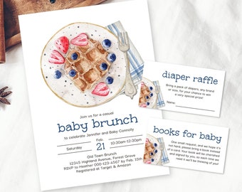 Baby Brunch Invitation Bundle, Brunch Baby Shower Invite Set, Gender Neutral Shower, Breakfast Shower Invitation, Waffles, Digital, F132