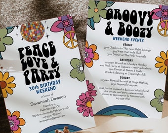 Jaren '70 Thema Verjaardagsuitnodiging, 70's Retro Groovy Verjaardag, Weekendroute, Hippie Flowers Party, 30e verjaardag, Groovy & Boozy, F136
