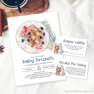 May include: A watercolour illustration of a plate of waffles with blueberries and strawberries. The invitation is for a baby brunch to celebrate Jennifer and Baby Connolly on 21st February. The invitation includes details about the time, location, and RSVP information. There are also two cards for a diaper raffle and a request for books for the baby.