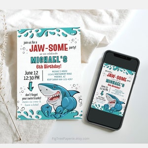 Shark Invitation, Pool Party Invitation Boy, Shark Invitation Instant Download, Digital, F148