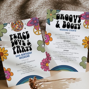 70s Theme Birthday Invitation, 70's Retro Groovy Birthday, Weekend Itinerary, Hippie Flowers Party, 30th Birthday, Groovy & Boozy, F136