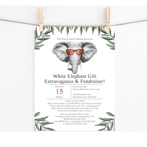 White Elephant Party Flyer Invitation 8.5x11", Christmas Holiday Office Party Flyer, White Elephant Fundraiser, Event Flyer, School, F146