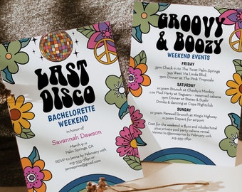 Dernière Disco Bachelorette Invitation, 70's Retro Groovy Bachelorette Itinéraire, 70s Thème Bachelorette Invitation Itinéraire, F136
