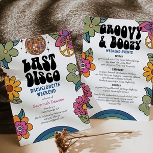 Last Disco Bachelorette Invitation, 70's Retro Groovy Bachelorette Itinerary, 70s Theme Bachelorette Invitation Itinerary, F136