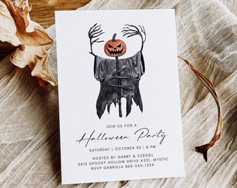 Puede incluir: Una invitación a una fiesta de Halloween con una ilustración espeluznante de una calabaza tallada con los brazos extendidos. La invitación incluye el texto "Join us for a Halloween Party", "Saturday | October 30 | 8 PM", "Hosted by Gabby & Ezekiel", "3415 Spooky Hollow Drive #231, Mystic", y "RSVP Gabriela 860-555-1234".