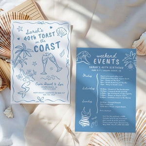 Hand Drawn 40th Birthday Invitation Itinerary Toast On The Coast Beach Destination Weekend Printable Summer Girls Trip Weekend Events F170