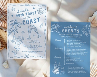 Hand Drawn 40th Birthday Invitation Itinerary Toast On The Coast Beach Destination Weekend Printable Summer Girls Trip Weekend Events F170