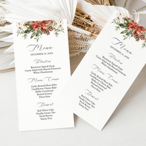 Menu kolacji wigilijnej, menu weselne na Boże Narodzenie, eleganckie menu kolacji świątecznej, edytowalny szablon do wydruku