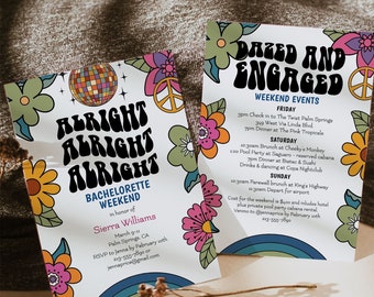 Dazed and Engaged Bachelorette Invitation, 70s Disco Bachelorette Itinerary, Alright Alright Alright, Groovy, Hippie Theme, F136