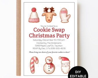 May include: A printable Christmas cookie swap party invitation with a red and white color scheme. The invitation features illustrations of gingerbread cookies, including a reindeer, a snowman, a Santa Claus, a stocking, and a candy cane. The text on the invitation reads "You're invited to a Cookie Swap Christmas Party".