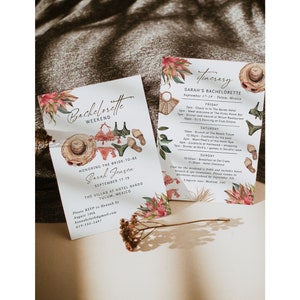 Invitación a la despedida de soltera Boho, invitación de fin de semana de despedida de soltera en México, itinerario de despedida de soltera en la playa, despedida de soltera tropical, Tulum, F103