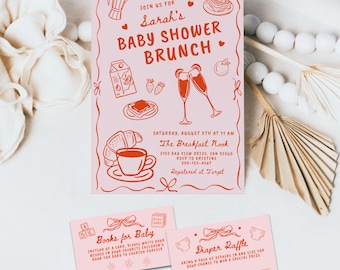 Breakfast Baby Shower Brunch Invitation Set Girl, Whimsical Doodle Diaper Raffle Books Request F172