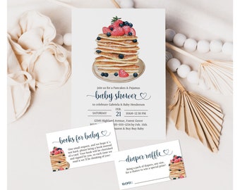 Baby Shower Brunch Invitation Bundle Set, Pancakes & Pajamas Baby Shower, Baby Brunch Invite, Books for Baby, Diaper Raffle, Neutral, F132