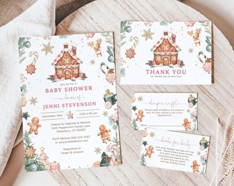 Christmas Baby Shower Invitation Bundle, December Baby Shower Invitation Set, Gingerbread Baby Shower, Editable Printable Digital, F158