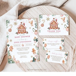 Kerst baby shower uitnodiging bundel, december baby shower uitnodiging set, peperkoek baby shower, bewerkbare afdrukbare digitale, F158
