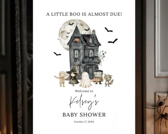 Welcome Sign Halloween Baby Shower A Little Boo is Almost Due Party Decor, 24x36" and 18x24" Editable Template Instant Download, F166
