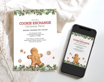 Può includere: Un invito festivo per una festa di scambio di biscotti di Natale con un'illustrazione di un uomo di pan di zenzero e un bordo di agrifoglio verde e rosso. L'invito include la data, l'ora, il luogo e le informazioni RSVP.