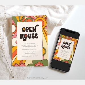 Retro Housewarming Party Invitation, Groovy 70s Housewarming Invite, Editable Printable Digital Housewarming, Hippie 70s Open House Invite image 1