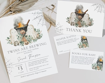 Twins Halloween Baby Shower Invitation Bundle, A Baby is Brewing Ghost Baby Shower Set for Twin Boys Digital Download F176