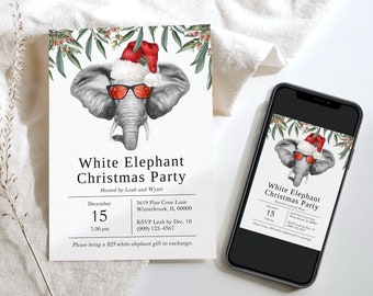 White Elephant Christmas Party Invitation, Holiday Party Gift Exchange Invitation, Office Holiday Party Invitation, Printable, Digital, F146