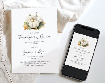 May include: A watercolor illustration of white pumpkins with fall leaves on a white background. The text "JOIN US FOR Friendsgiving Dinner" is written in black script font. The text "SATURDAY, NOVEMBER 18TH AT 6:30 PM HOSTED BY Jamie & Ryan 12345 WEST ELM DRIVE DENVER, CO RSVP TO JAMIE 000-123-4567 BY NOV., 4TH PLEASE BRING A DISH TO SHARE CAN'T WAIT TO SEE YOU!" is written in black font.