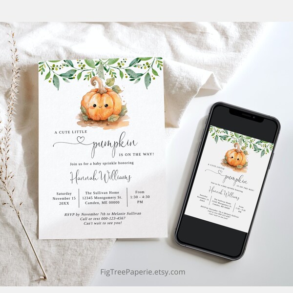 Pumpkin Baby Sprinkle Invitation, Fall Baby Sprinkle Invitation, October Baby Sprinkle Invitation, Autumn Baby Sprinkle Invite, F155