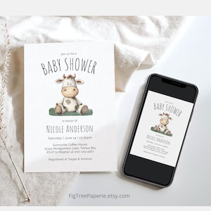 Baby Shower Invitation Cow Theme, Farm Baby Shower Theme Invitation, Rustic Country Baby Shower Invite Printable Editable Digital