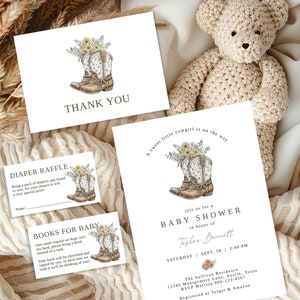 A Little Cowgirl is on the Way baby shower invitation bundle, Country Western Baby Shower Girl Invite books for baby diaper raffle card F168