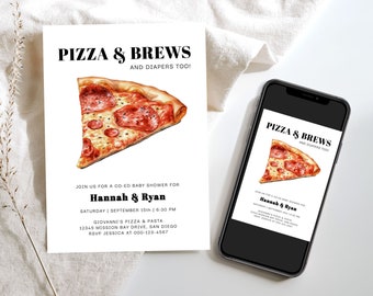 Może przedstawiać: Biała karta z zaproszeniem z czarnym tekstem, która ogłasza wspólny baby shower dla Hannah & Ryan. Zaproszenie zawiera akwarelowy rysunek kawałka pizzy z pepperoni i serem. Tekst brzmi "Pizza & Brews and Diapers Too!"  Dołącz do nas na wspólnym baby shower dla Hannah & Ryan. Sobota, 15 września, 18:30. Giovanni's Pizza & Pasta, 12345 Mission Bay Drive, San Diego. RSVP Jessica pod numerem 000-123-4567.